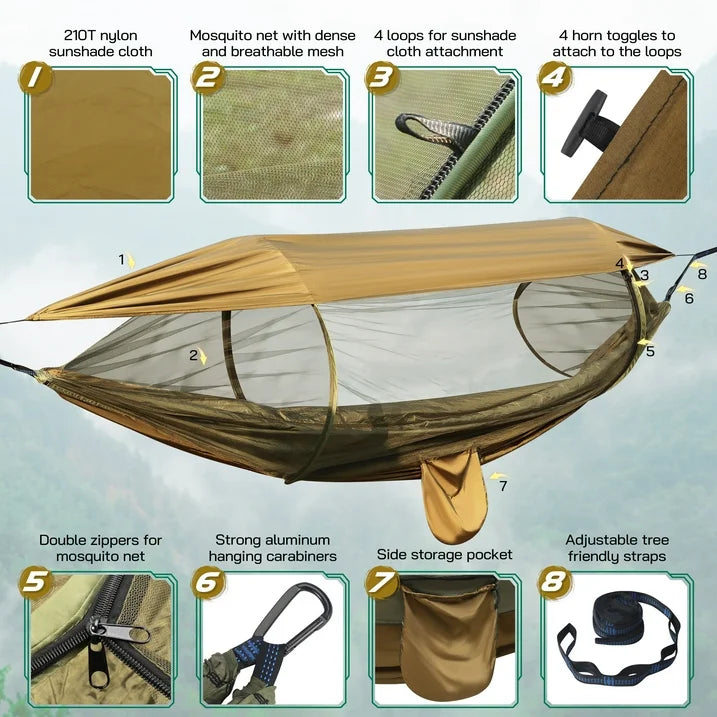 Camping Hammock, 4 in 1 Portable Hammock Tent, 2 Person Pop-up Hammock with Mosquito Net & Sunshade Cloth & Tree Straps, 550lbs Max Load Heavy Duty Tree Hammock for Outdoor Camping