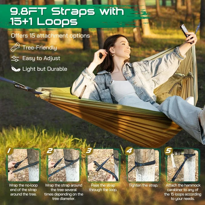 Camping Hammock, 4 in 1 Portable Hammock Tent, 2 Person Pop-up Hammock with Mosquito Net & Sunshade Cloth & Tree Straps, 550lbs Max Load Heavy Duty Tree Hammock for Outdoor Camping