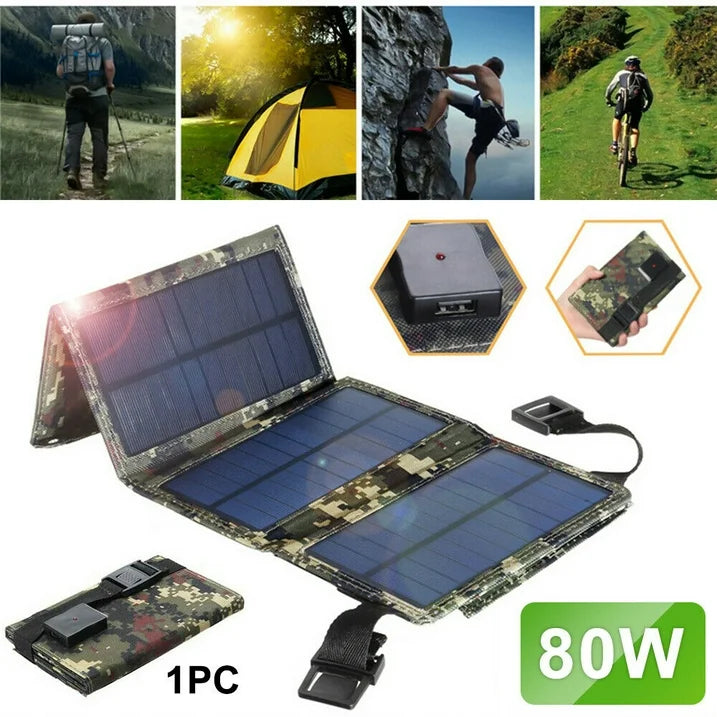 80W USB Solar Panel Folding Power Bank Outdoor Camping Hiking Phone Charger USB