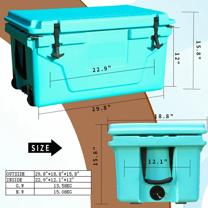 Heavy-Duty Cooler, 65 Quart, 5-Day Ice Retention, Turquoise Blue