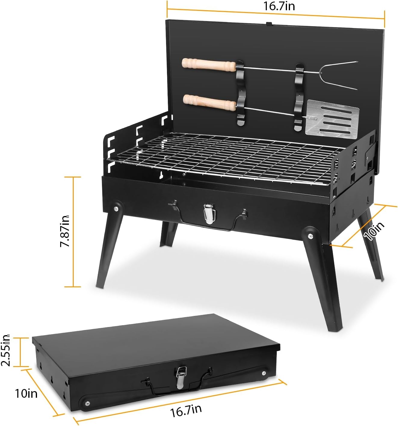 Portable Charcoal Grill,Barbecue Grill Barbecue Grill Tools,Foldable BBQ Suitcase Grill Shelf For Outdoor Camping Picnics Garden Party Grilling,16.7x10x17.7in
