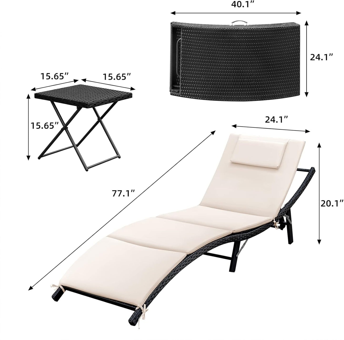 Lounge Chairs for Outside 3 Pieces Patio Adjustable Chaise Lounge Outdoor Wicker Lounge Chairs Set of 2 with Table Folding Chaise Lounger for Poolside, Deck, Lawn