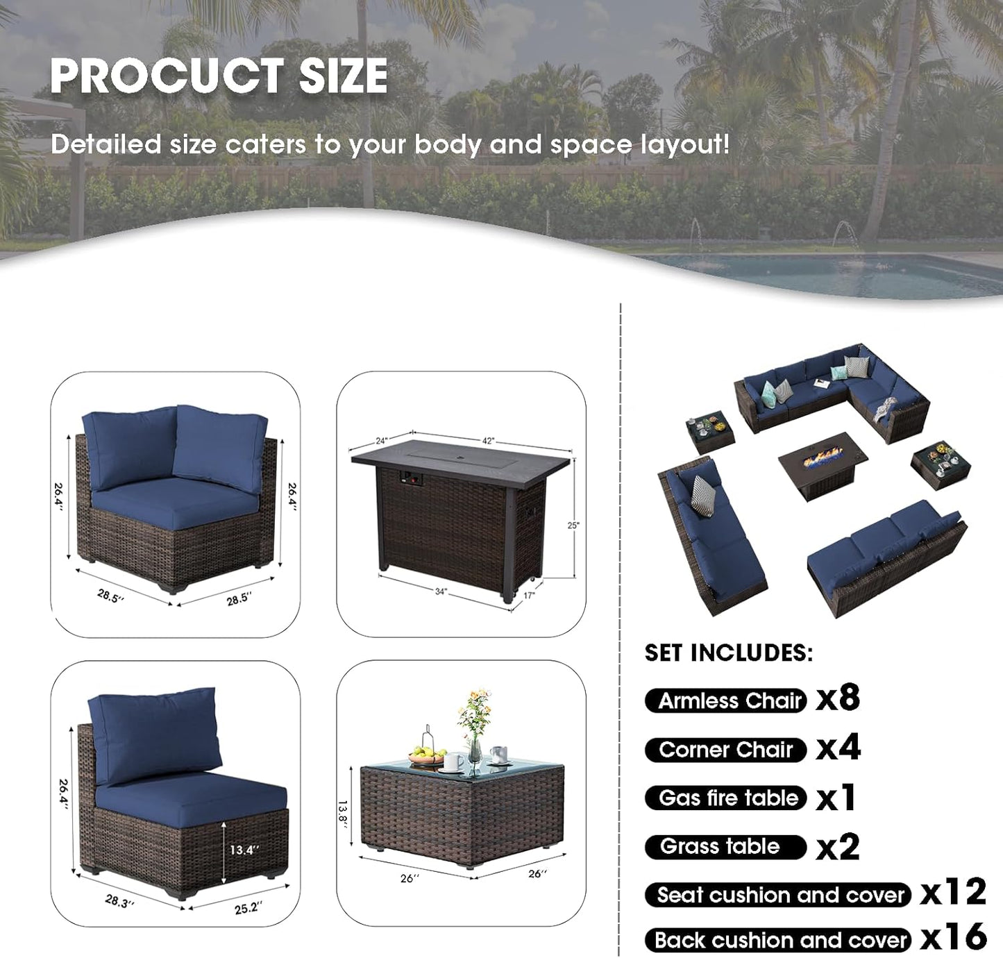 15 Pieces Patio Furniture Sectional Sofa 50000 BTU Propane Gas Fire Pit Table, Outdoor PE Rattan Patio Conversation Set with Glass Coffee Tables and Cushions for Garden, Poolside, Backyard