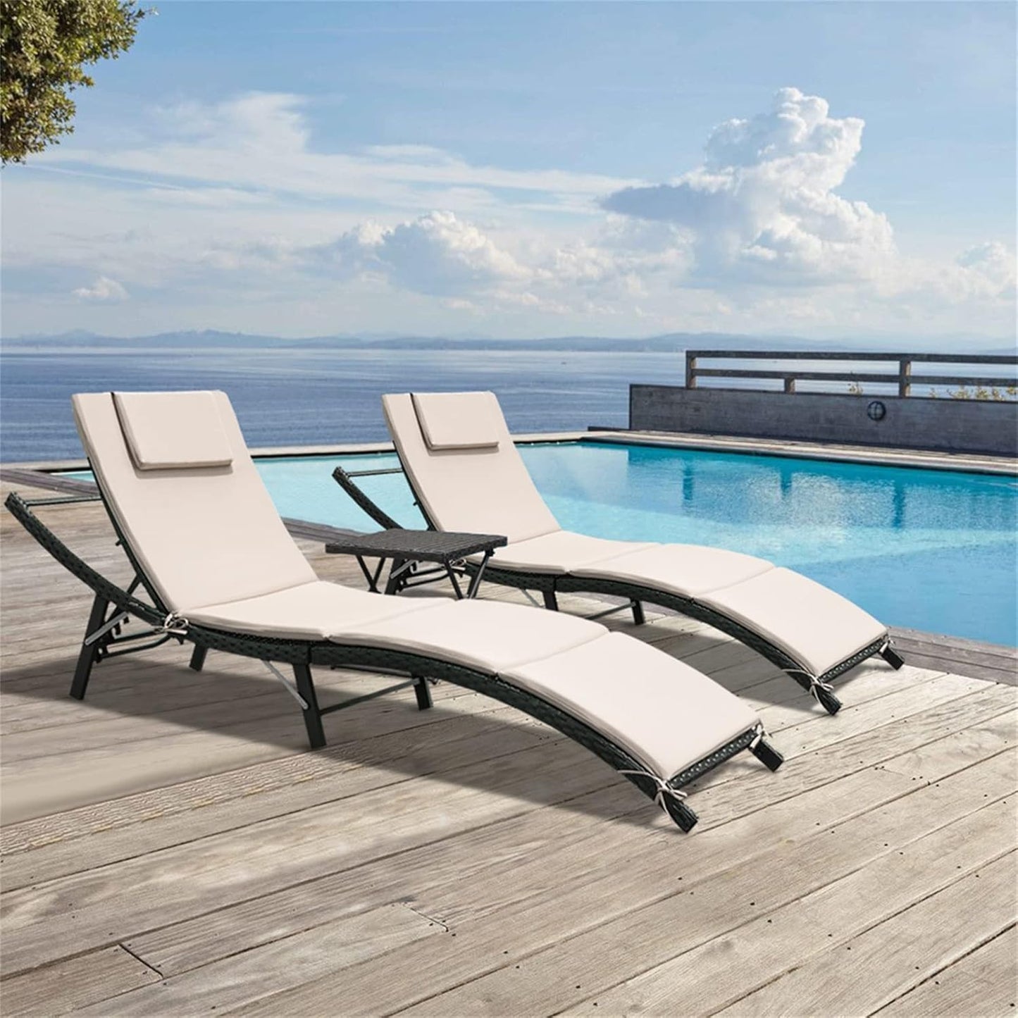 Lounge Chairs for Outside 3 Pieces Patio Adjustable Chaise Lounge Outdoor Wicker Lounge Chairs Set of 2 with Table Folding Chaise Lounger for Poolside, Deck, Lawn