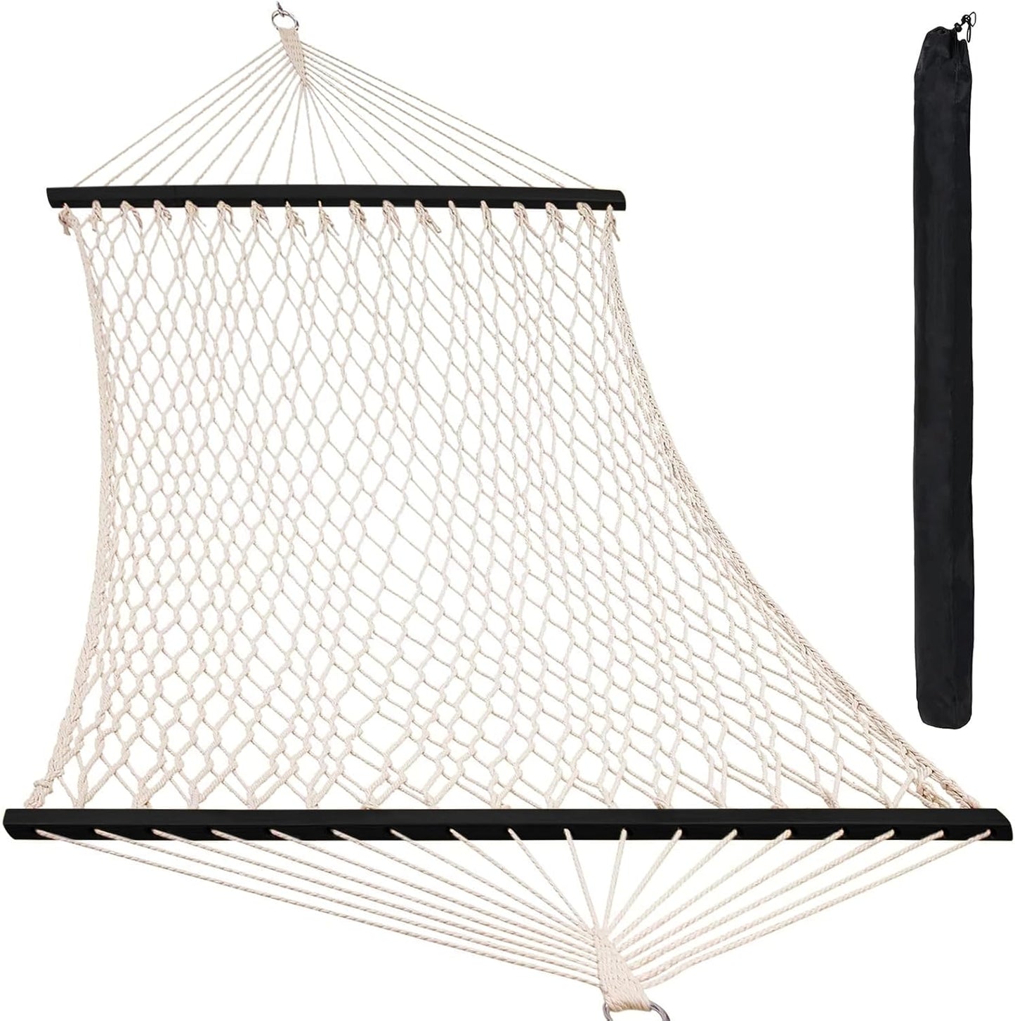 Double Rope Hammocks, Traditional Hand Woven Cotton Hammock with Hardwood Spreader Bar and Carrying Case for Outdoor, Indoor for Two Person, 450lb Weight Capacity