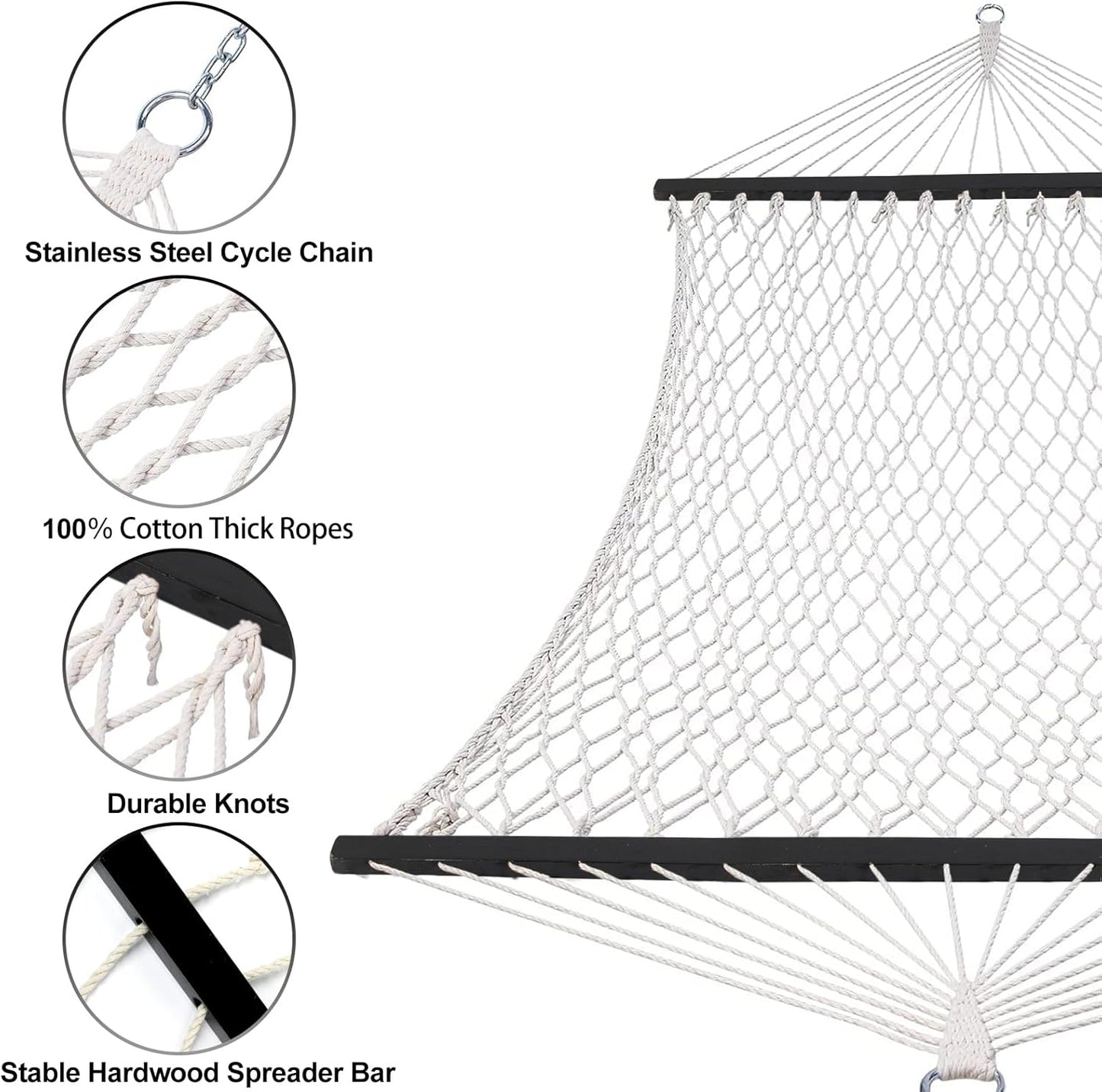 Double Rope Hammocks, Traditional Hand Woven Cotton Hammock with Hardwood Spreader Bar and Carrying Case for Outdoor, Indoor for Two Person, 450lb Weight Capacity