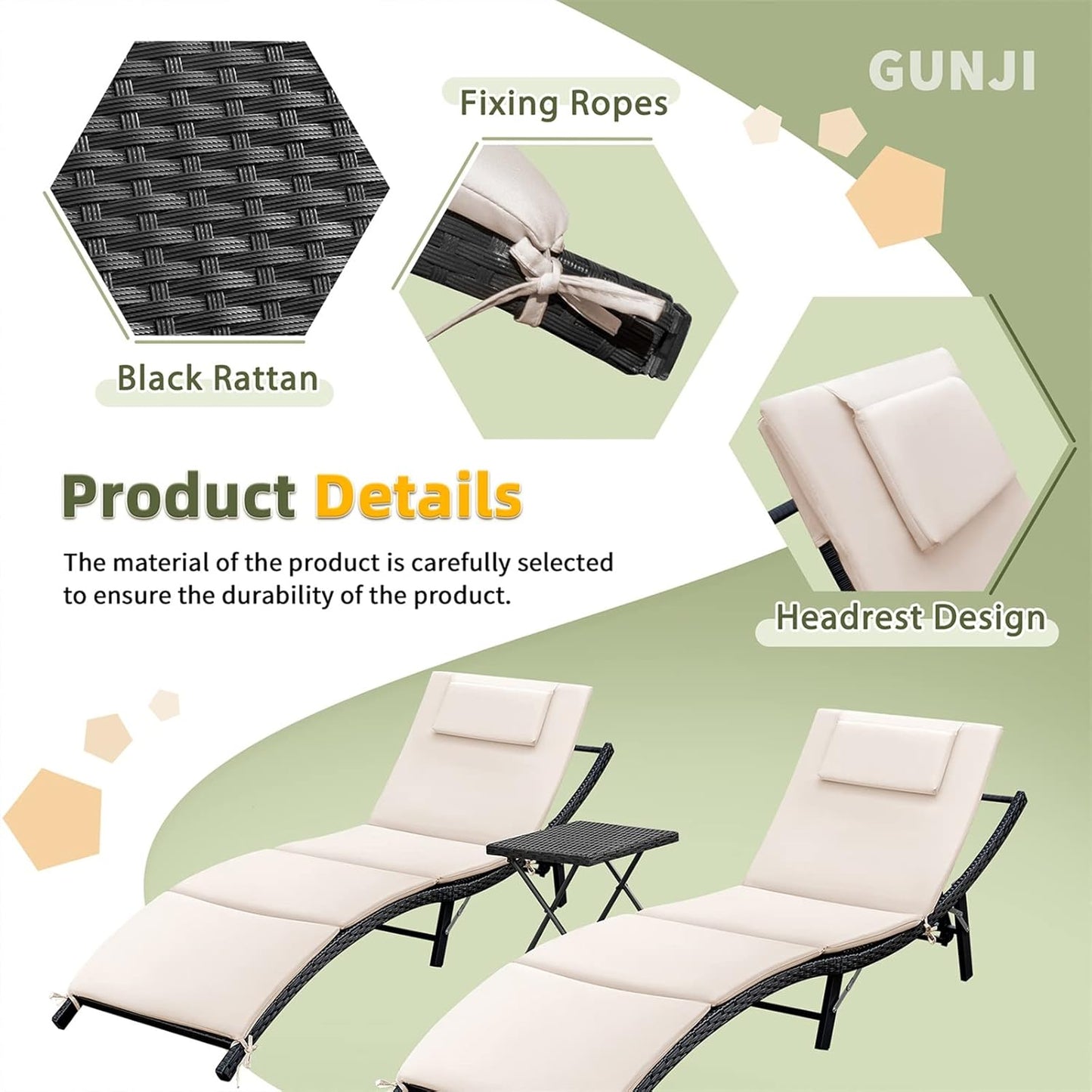 Lounge Chairs for Outside 3 Pieces Patio Adjustable Chaise Lounge Outdoor Wicker Lounge Chairs Set of 2 with Table Folding Chaise Lounger for Poolside, Deck, Lawn