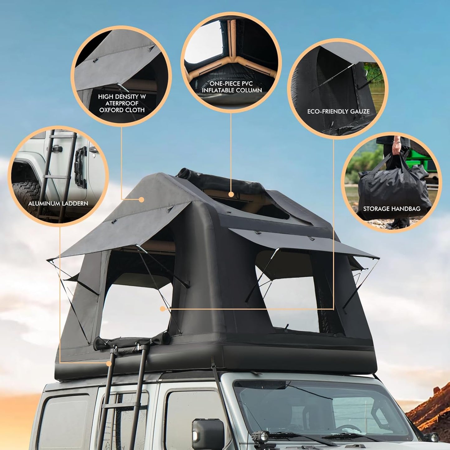 Naturne Rooftop Tent Overland Water Camping Tent with Ladder Inflatable Waterproof Roof Top for SUV Jeep Bronco Off-Road Vehicle Soft Cover Multifunctional 2-3 Person