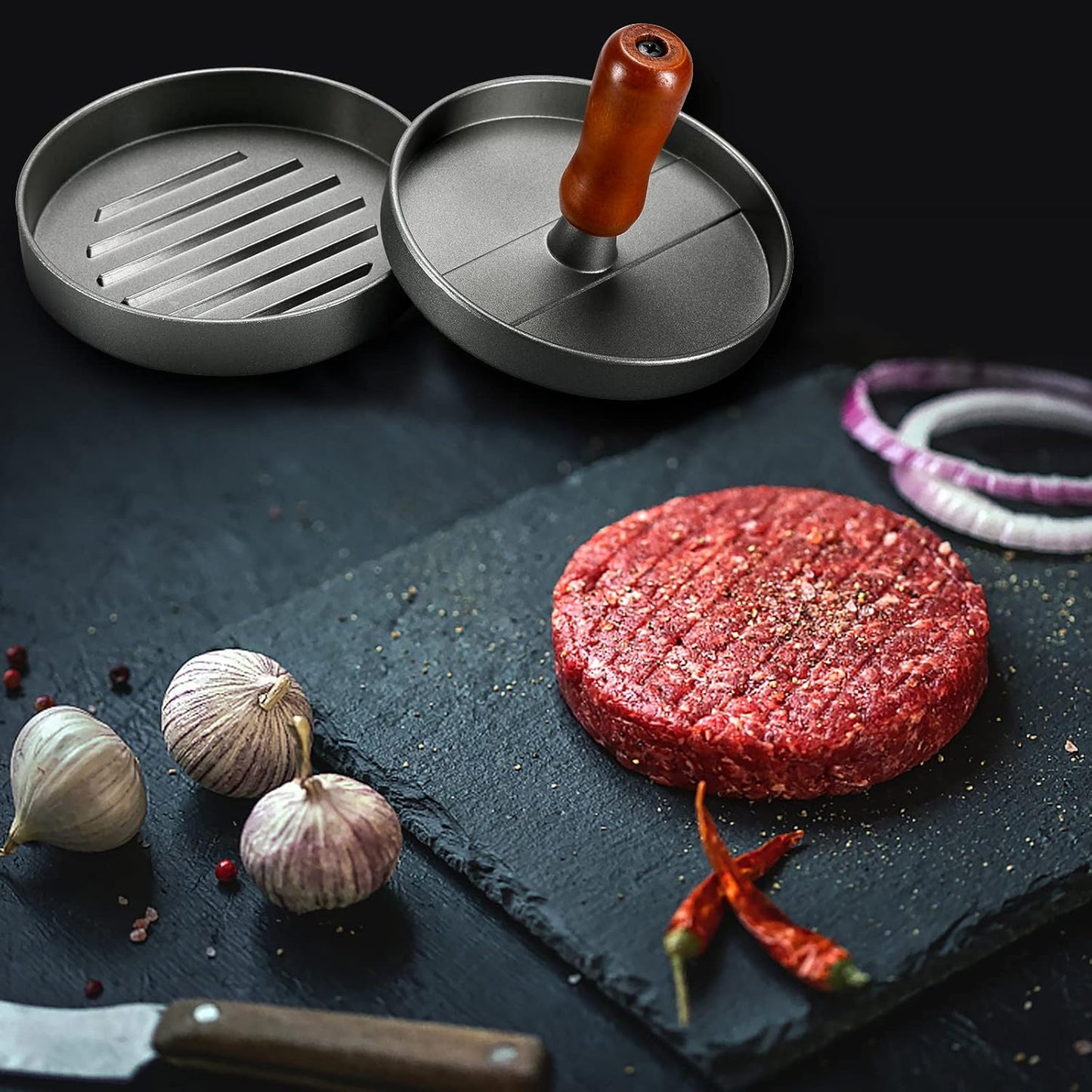 Burger Press Patty Maker Stainless Steel Hamburger Patty Press Mold Wood Handle Non-Stick with 100 Patty Papers