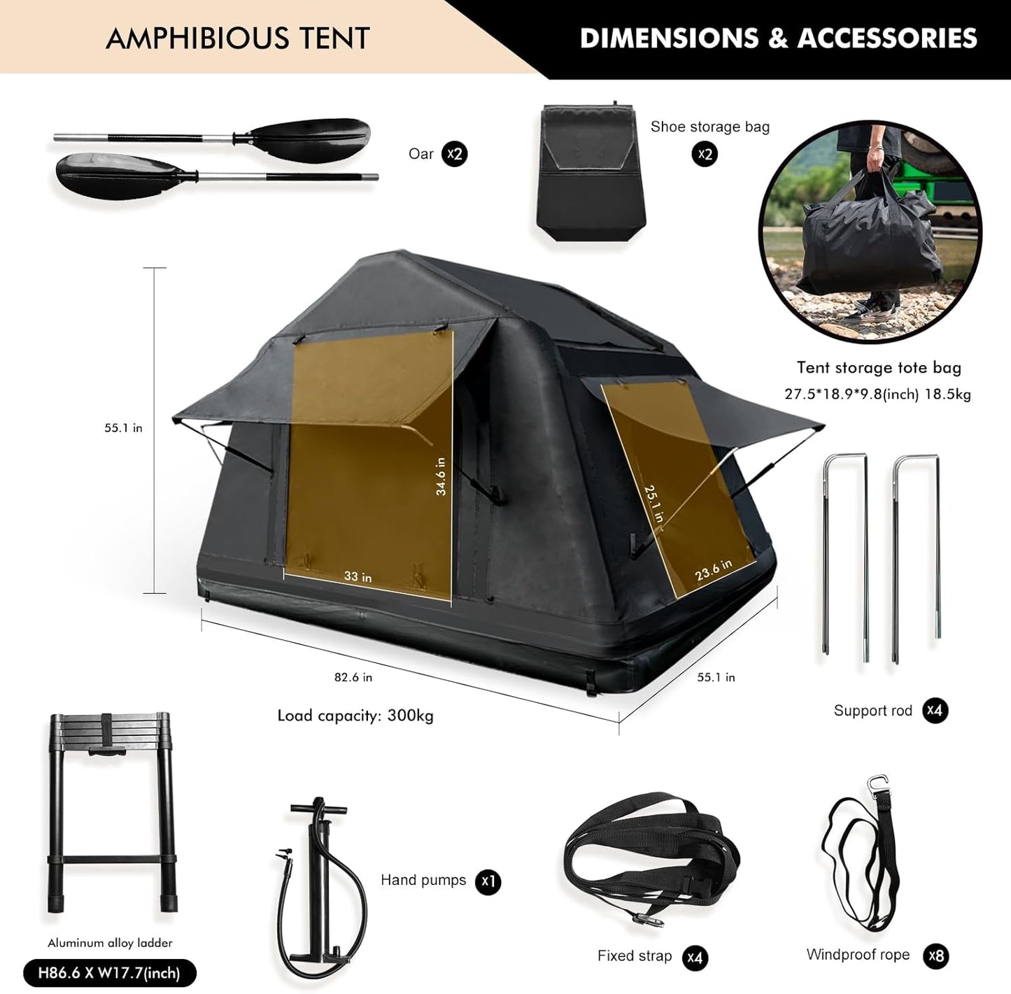 Naturne Rooftop Tent Overland Water Camping Tent with Ladder Inflatable Waterproof Roof Top for SUV Jeep Bronco Off-Road Vehicle Soft Cover Multifunctional 2-3 Person