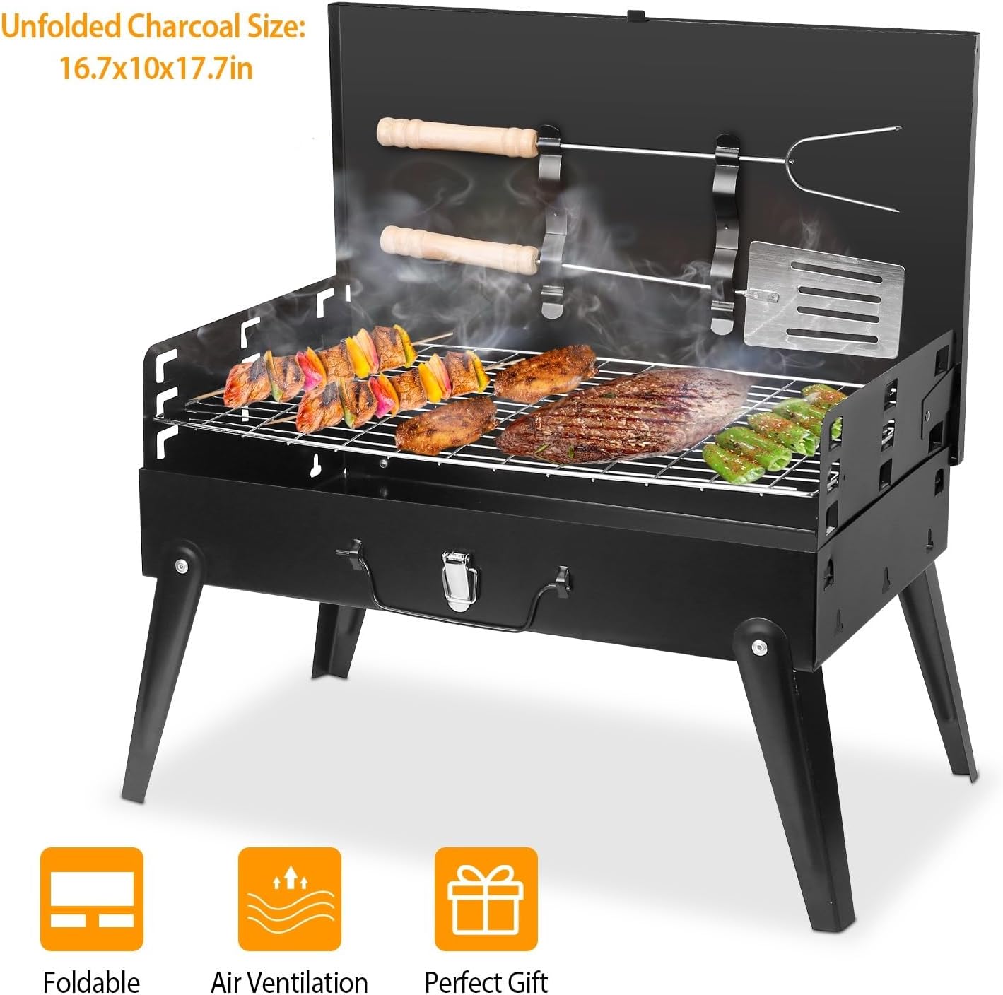 Portable Charcoal Grill,Barbecue Grill Barbecue Grill Tools,Foldable BBQ Suitcase Grill Shelf For Outdoor Camping Picnics Garden Party Grilling,16.7x10x17.7in