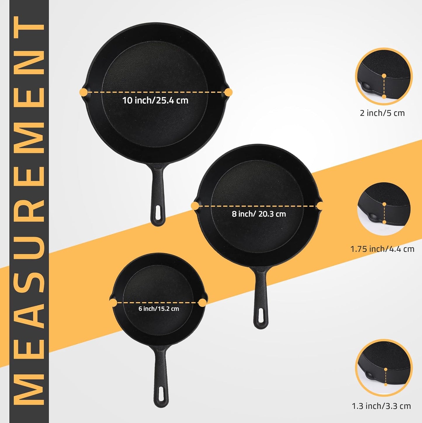 Cast iron Skillets 3 Piece Set, Chefs Pan, Pre Seasoned Cast iron Skillets, 6, 8 & 10 Inches, Easy Use in the Oven, Stove, Grill, or Campfire, Black