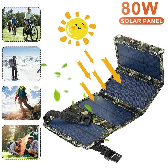80W USB Solar Panel Folding Power Bank Outdoor Camping Hiking Phone Charger USB