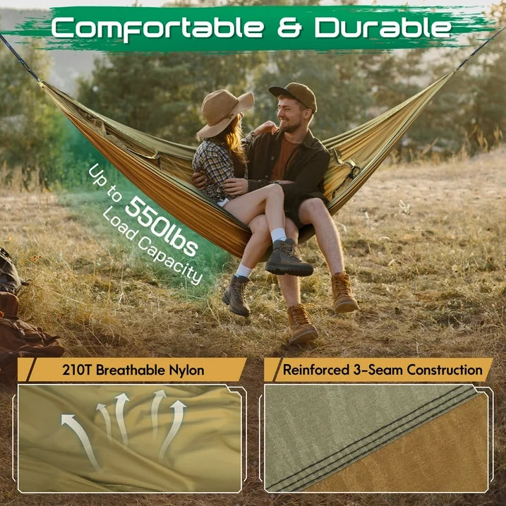 Camping Hammock, 4 in 1 Portable Hammock Tent, 2 Person Pop-up Hammock with Mosquito Net & Sunshade Cloth & Tree Straps, 550lbs Max Load Heavy Duty Tree Hammock for Outdoor Camping
