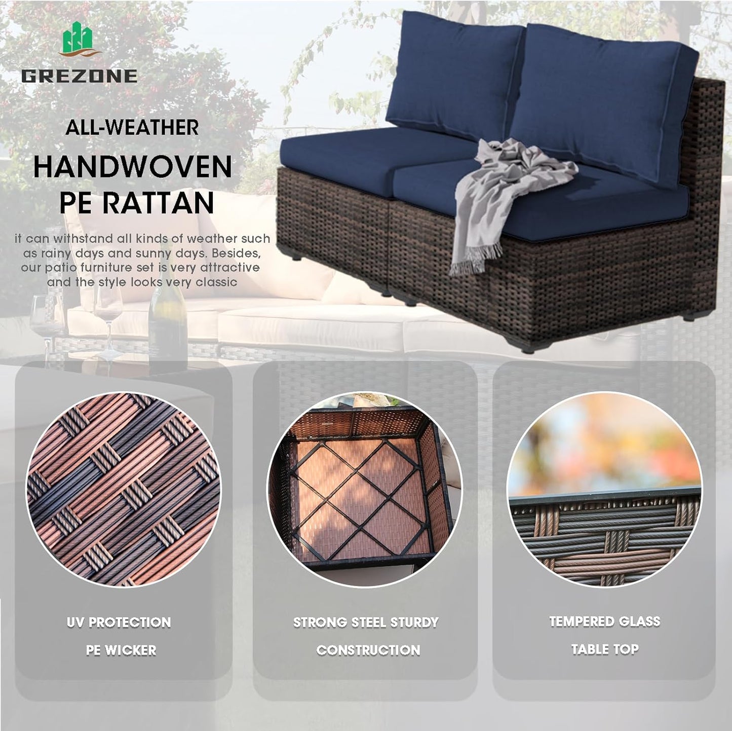 15 Pieces Patio Furniture Sectional Sofa 50000 BTU Propane Gas Fire Pit Table, Outdoor PE Rattan Patio Conversation Set with Glass Coffee Tables and Cushions for Garden, Poolside, Backyard