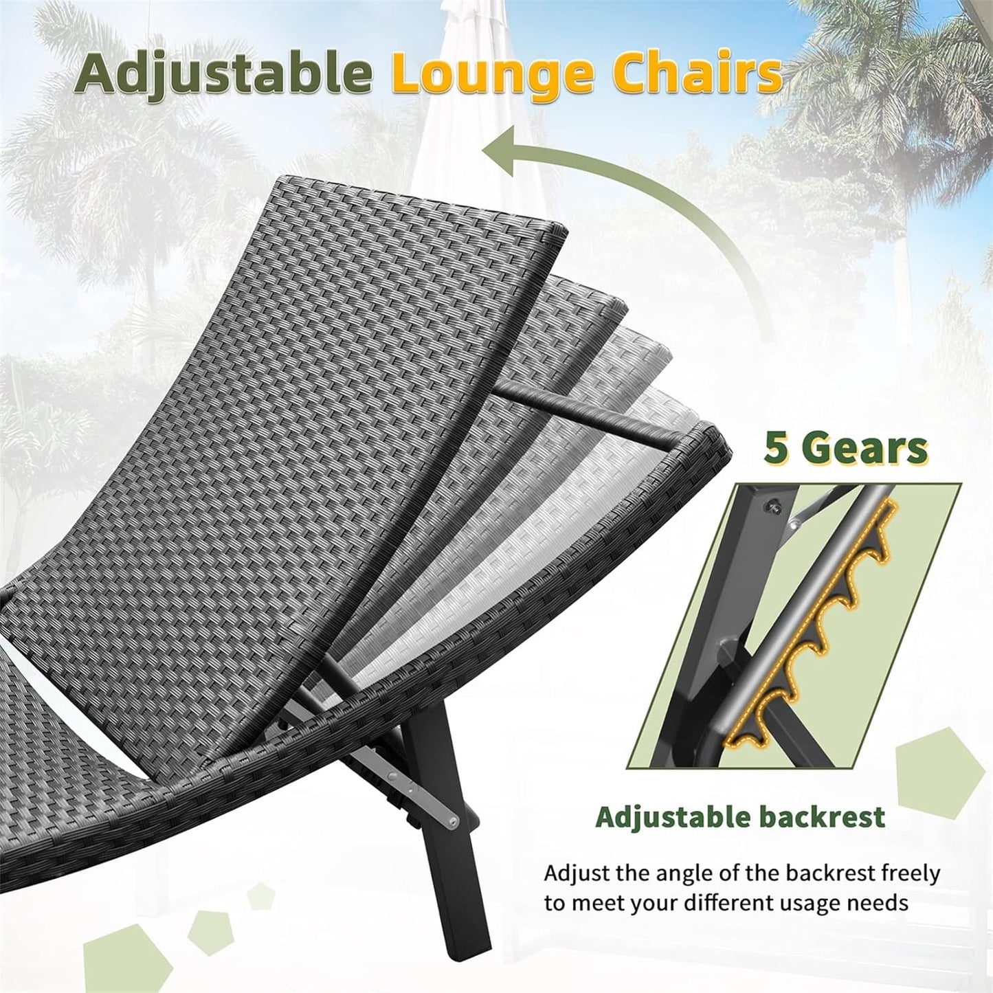 Lounge Chairs for Outside 3 Pieces Patio Adjustable Chaise Lounge Outdoor Wicker Lounge Chairs Set of 2 with Table Folding Chaise Lounger for Poolside, Deck, Lawn