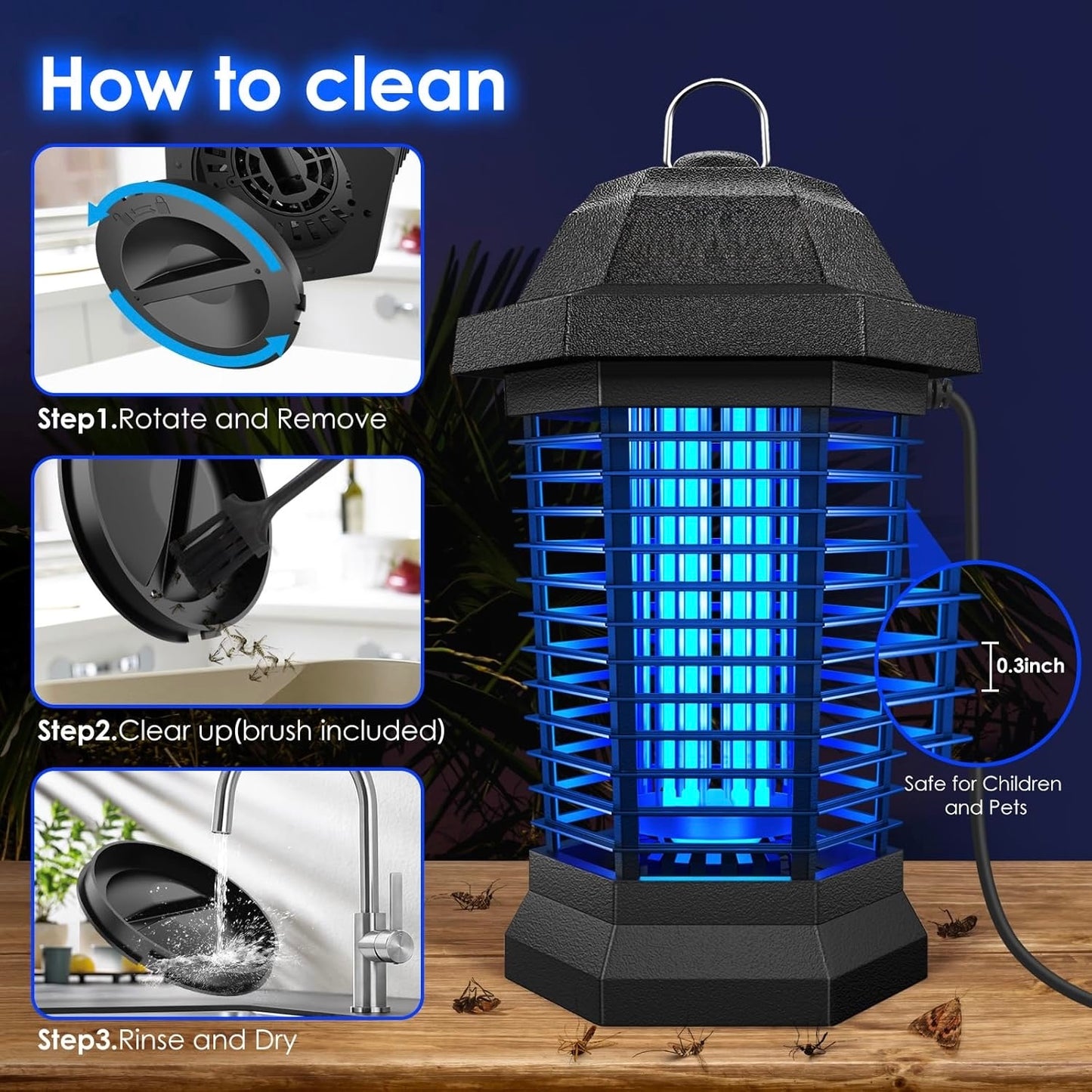 Bug Zapper Outdoor, Mosquito Zapper, Electric Fly Zapper, Mosquito Killer, Fly Traps, 3 Prong Plug, Flying Insects Zapper Indoor Outdoor 90-130V, 4200V, ABS Plastic Outer (Black)