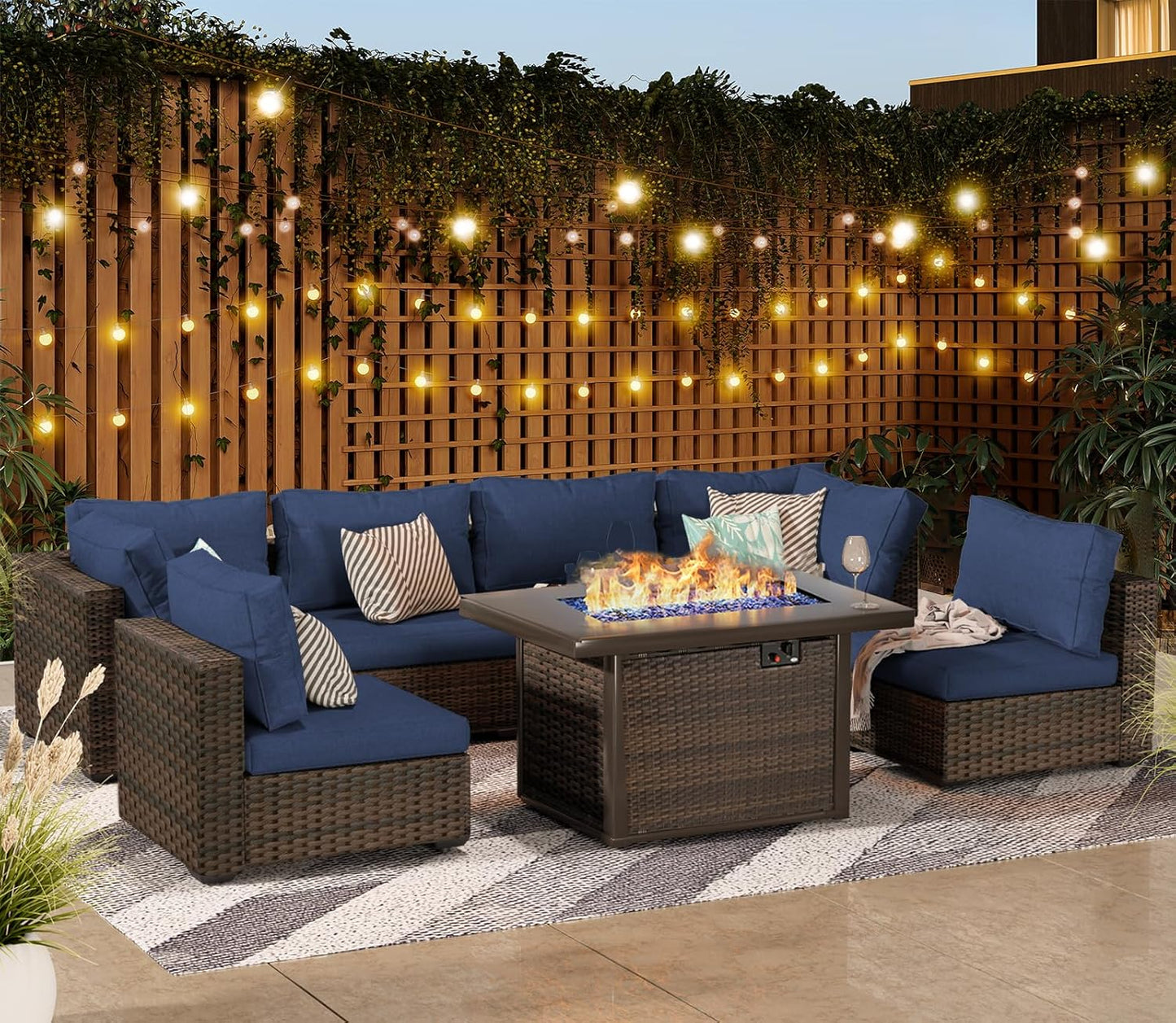 15 Pieces Patio Furniture Sectional Sofa 50000 BTU Propane Gas Fire Pit Table, Outdoor PE Rattan Patio Conversation Set with Glass Coffee Tables and Cushions for Garden, Poolside, Backyard