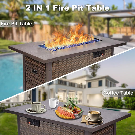 15 Pieces Patio Furniture Sectional Sofa 50000 BTU Propane Gas Fire Pit Table, Outdoor PE Rattan Patio Conversation Set with Glass Coffee Tables and Cushions for Garden, Poolside, Backyard