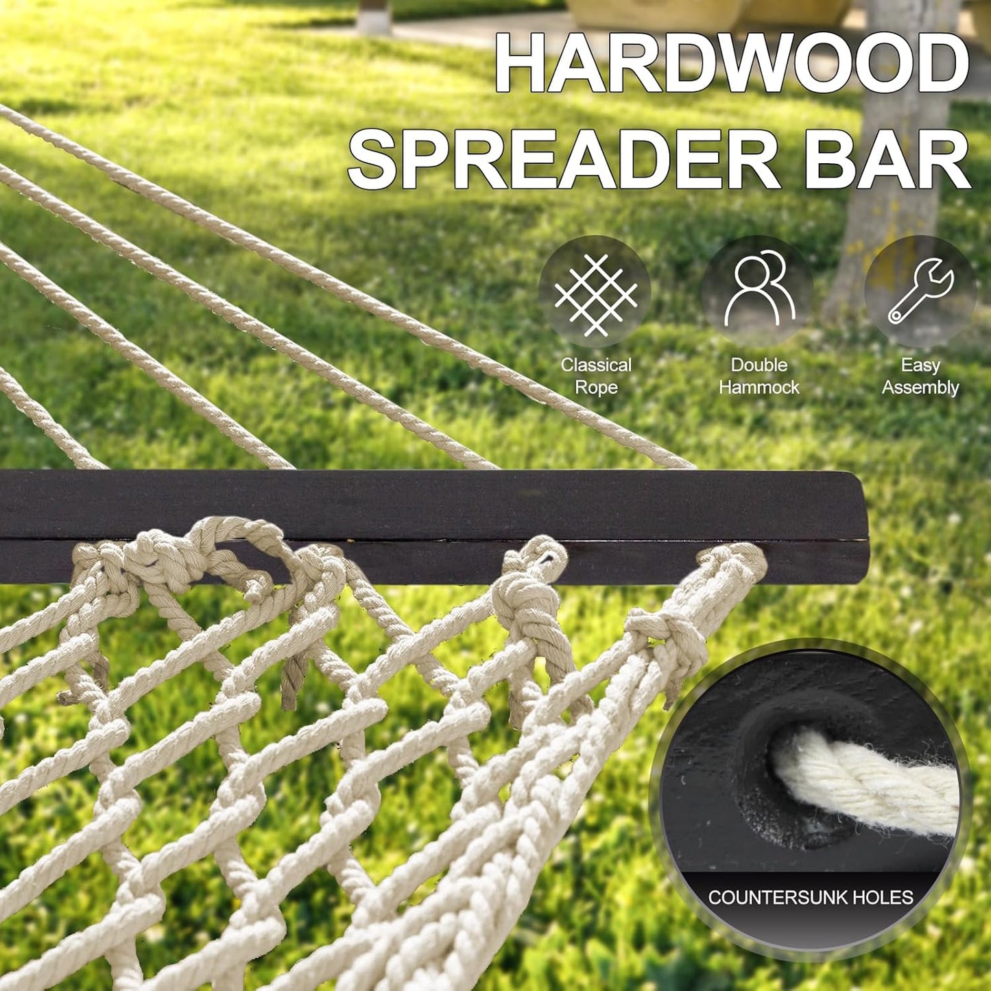 Double Rope Hammocks, Traditional Hand Woven Cotton Hammock with Hardwood Spreader Bar and Carrying Case for Outdoor, Indoor for Two Person, 450lb Weight Capacity