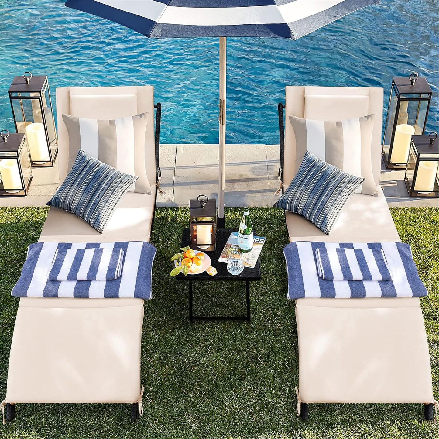 Lounge Chairs for Outside 3 Pieces Patio Adjustable Chaise Lounge Outdoor Wicker Lounge Chairs Set of 2 with Table Folding Chaise Lounger for Poolside, Deck, Lawn
