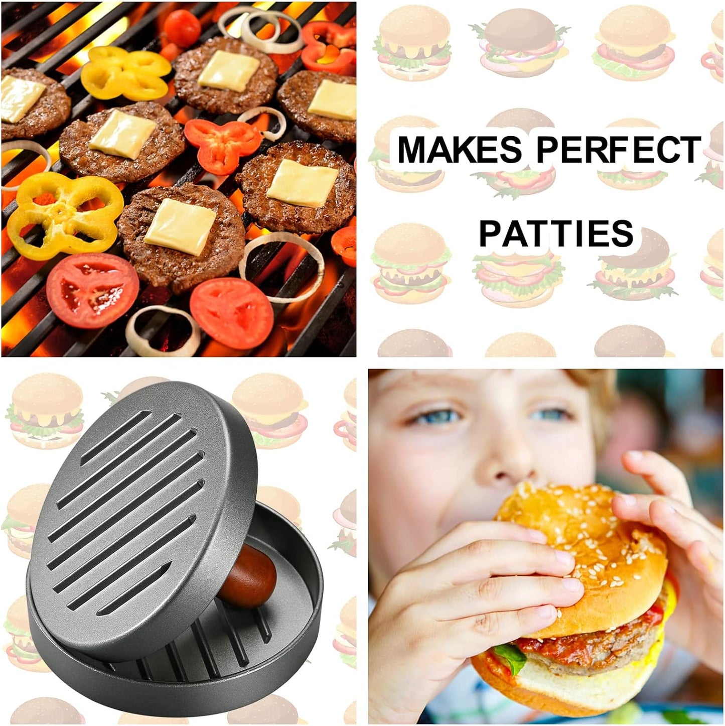 Burger Press Patty Maker Stainless Steel Hamburger Patty Press Mold Wood Handle Non-Stick with 100 Patty Papers
