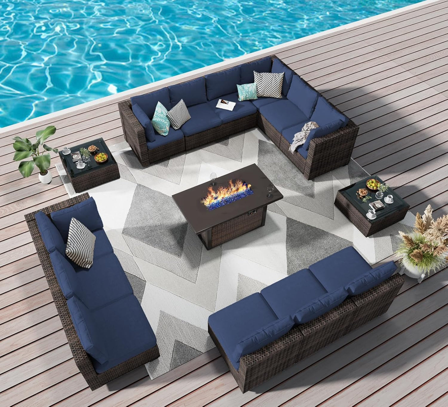 15 Pieces Patio Furniture Sectional Sofa 50000 BTU Propane Gas Fire Pit Table, Outdoor PE Rattan Patio Conversation Set with Glass Coffee Tables and Cushions for Garden, Poolside, Backyard
