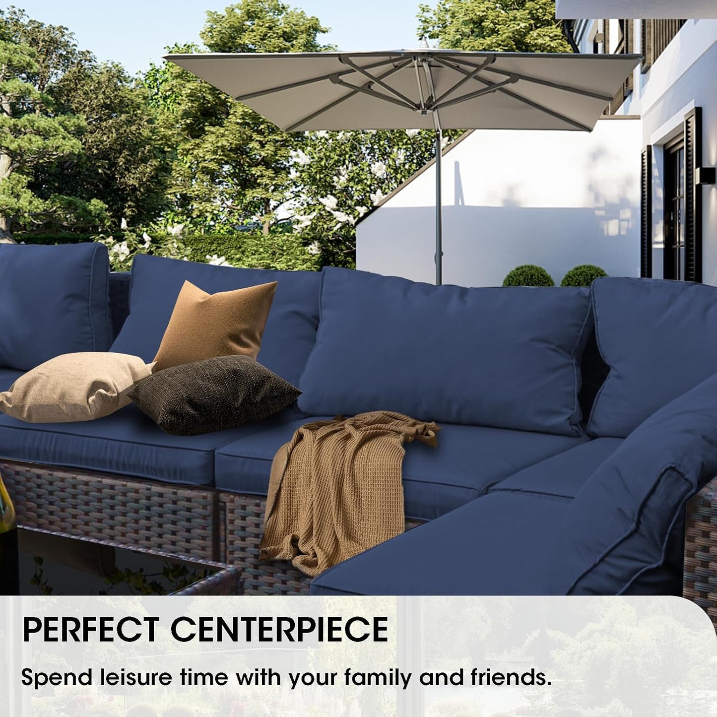 15 Pieces Patio Furniture Sectional Sofa 50000 BTU Propane Gas Fire Pit Table, Outdoor PE Rattan Patio Conversation Set with Glass Coffee Tables and Cushions for Garden, Poolside, Backyard