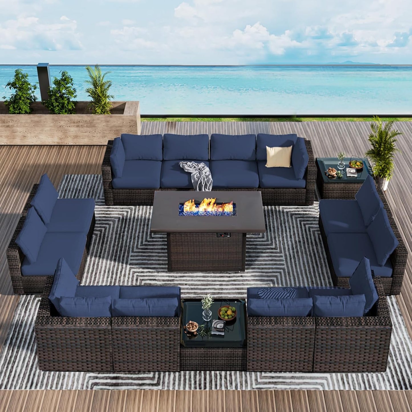 15 Pieces Patio Furniture Sectional Sofa 50000 BTU Propane Gas Fire Pit Table, Outdoor PE Rattan Patio Conversation Set with Glass Coffee Tables and Cushions for Garden, Poolside, Backyard