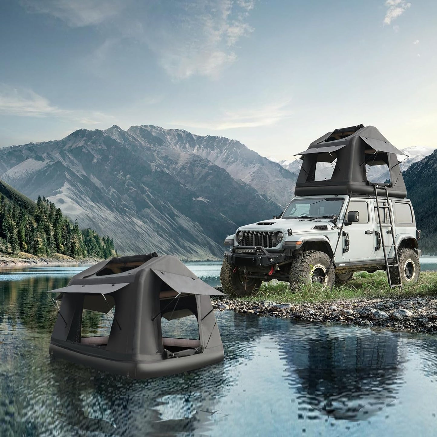 Naturne Rooftop Tent Overland Water Camping Tent with Ladder Inflatable Waterproof Roof Top for SUV Jeep Bronco Off-Road Vehicle Soft Cover Multifunctional 2-3 Person