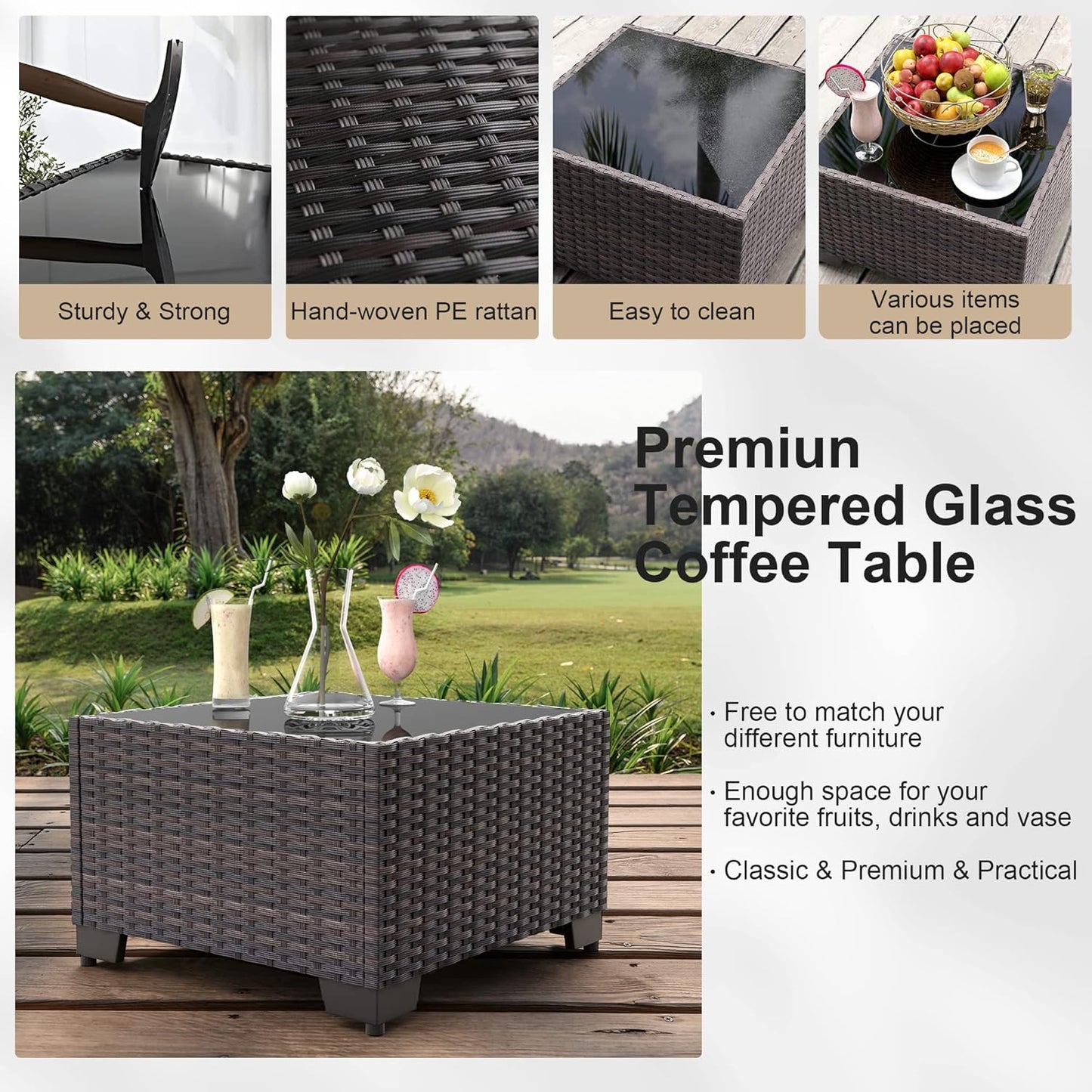 15 Pieces Patio Furniture Sectional Sofa 50000 BTU Propane Gas Fire Pit Table, Outdoor PE Rattan Patio Conversation Set with Glass Coffee Tables and Cushions for Garden, Poolside, Backyard