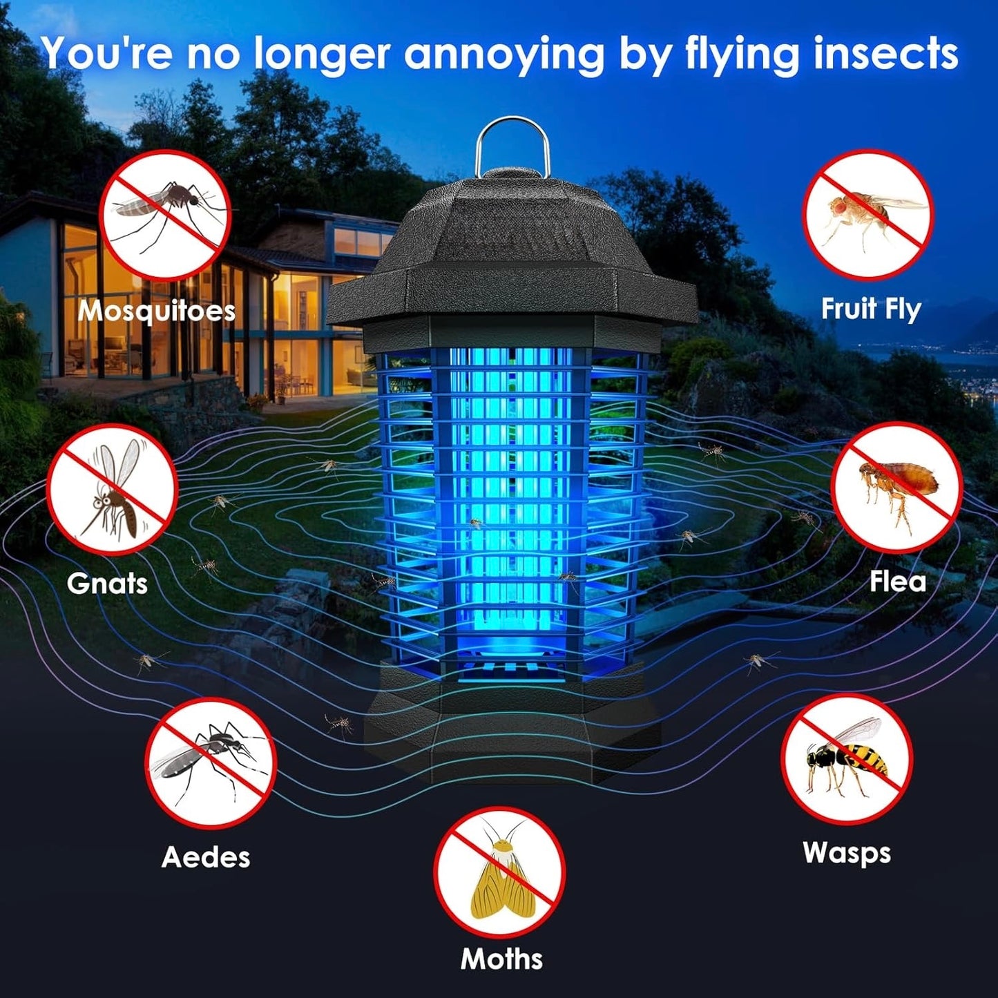 Bug Zapper Outdoor, Mosquito Zapper, Electric Fly Zapper, Mosquito Killer, Fly Traps, 3 Prong Plug, Flying Insects Zapper Indoor Outdoor 90-130V, 4200V, ABS Plastic Outer (Black)