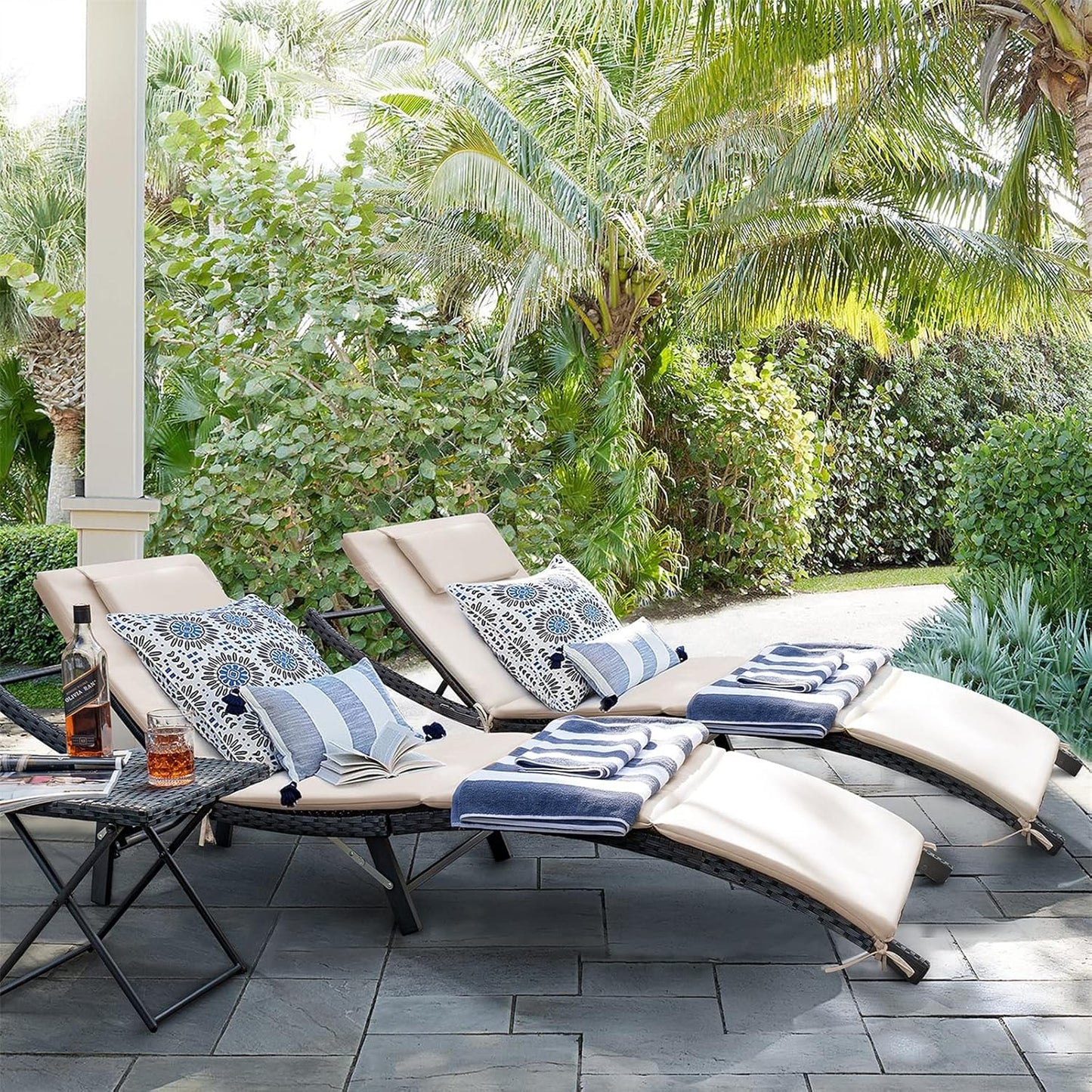 Lounge Chairs for Outside 3 Pieces Patio Adjustable Chaise Lounge Outdoor Wicker Lounge Chairs Set of 2 with Table Folding Chaise Lounger for Poolside, Deck, Lawn