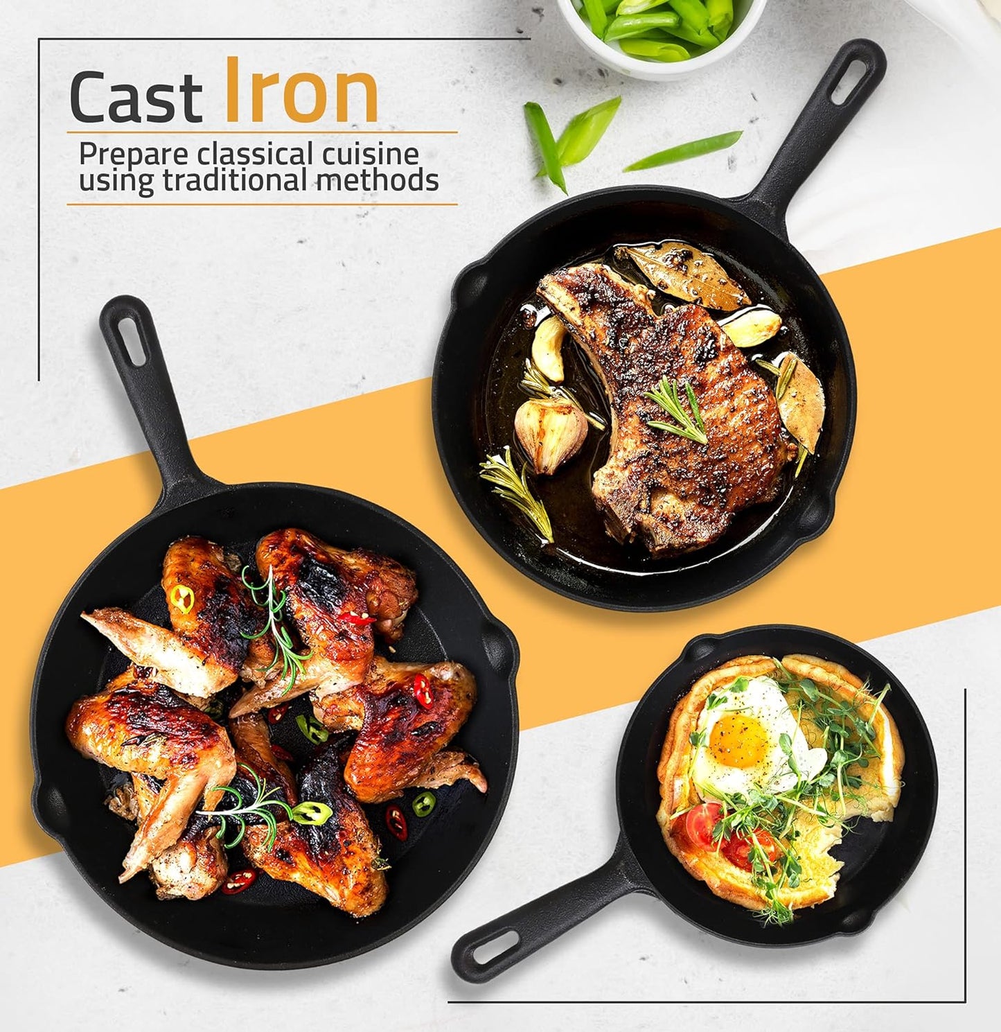 Cast iron Skillets 3 Piece Set, Chefs Pan, Pre Seasoned Cast iron Skillets, 6, 8 & 10 Inches, Easy Use in the Oven, Stove, Grill, or Campfire, Black