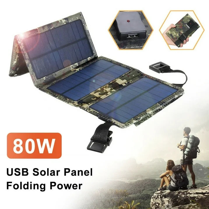 80W USB Solar Panel Folding Power Bank Outdoor Camping Hiking Phone Charger USB