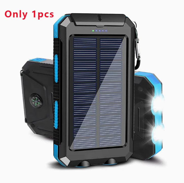Portable 20,000mAh Solar Power Bank with Dual USB, Flashlights & Compass