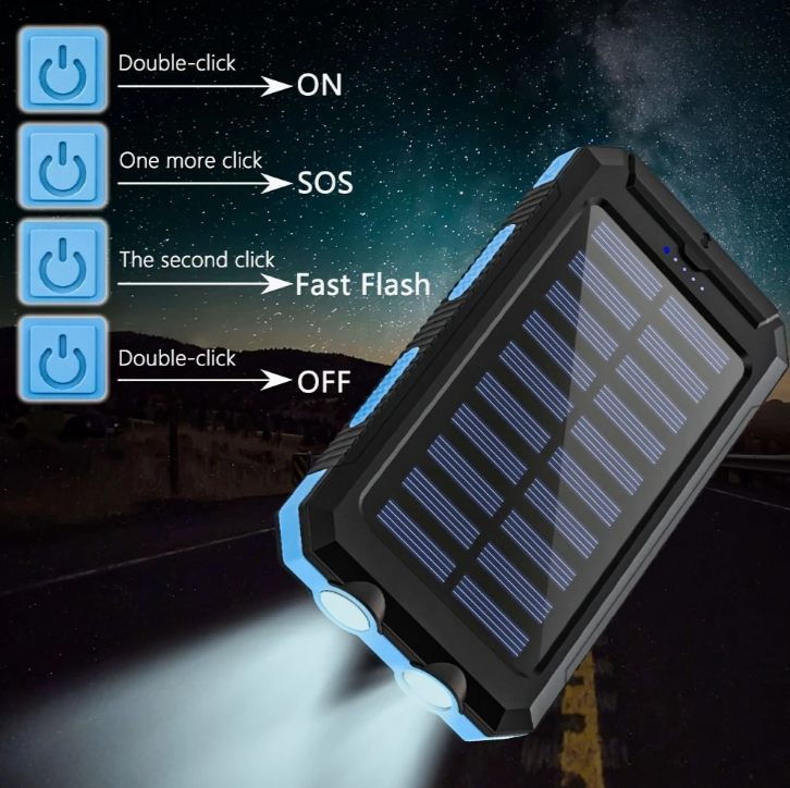 Portable 20,000mAh Solar Power Bank with Dual USB, Flashlights & Compass