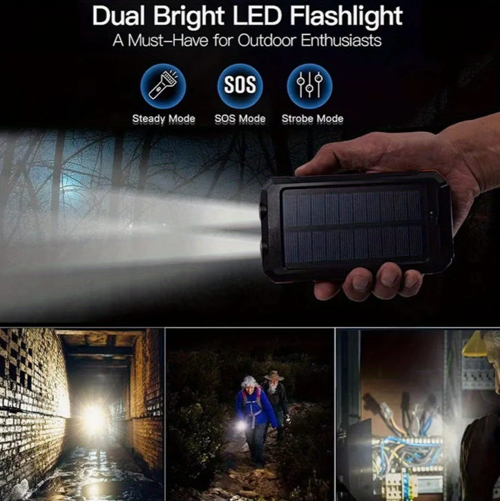 Portable 20,000mAh Solar Power Bank with Dual USB, Flashlights & Compass