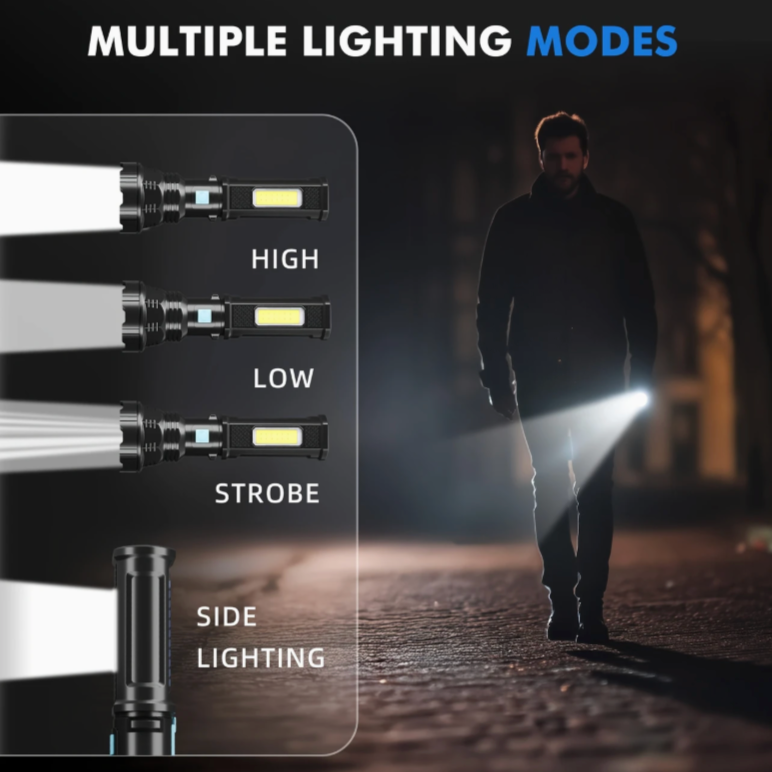 Solar-Powered LED Flashlight – 4-Mode Emergency Light with 2000mAh Rechargeable Battery