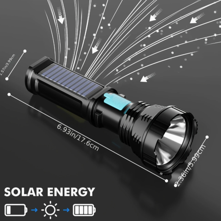 Solar-Powered LED Flashlight – 4-Mode Emergency Light with 2000mAh Rechargeable Battery