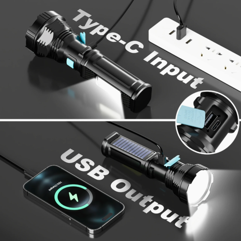 Solar-Powered LED Flashlight – 4-Mode Emergency Light with 2000mAh Rechargeable Battery