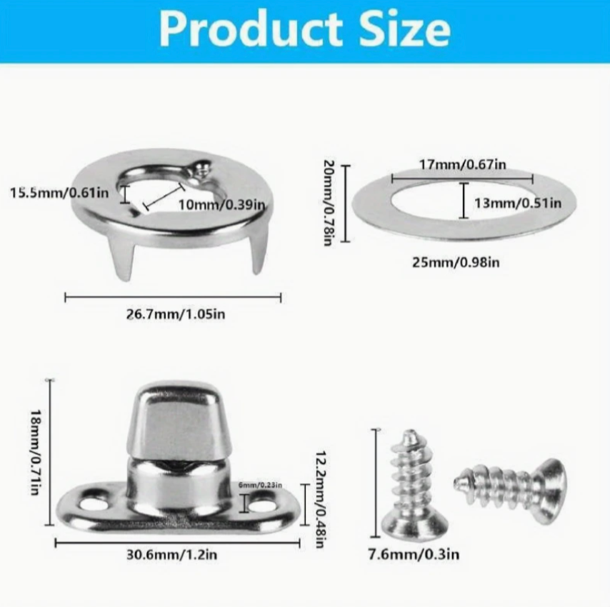 12-Set Canvas Fasteners - Twist Stud with 2 Hole Screw Base