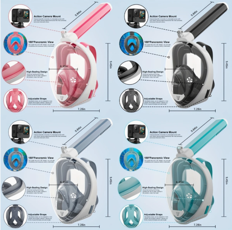 Full Face Snorkel Mask – 180° Panoramic View with Anti-Fog, Anti-Leak Design & Camera Mount
