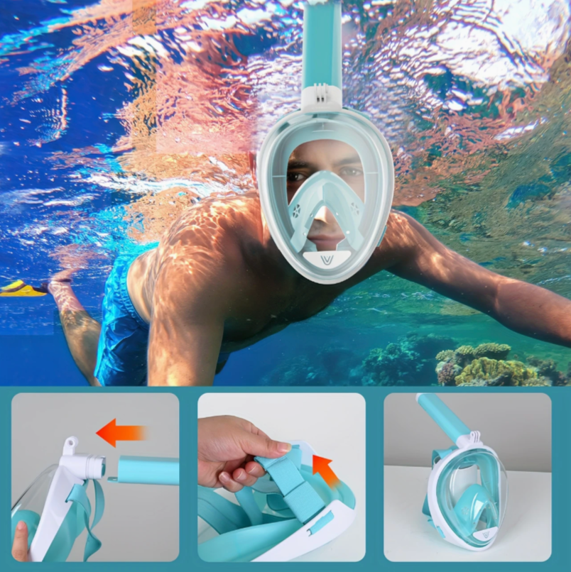 Full Face Snorkel Mask – 180° Panoramic View with Anti-Fog, Anti-Leak Design & Camera Mount