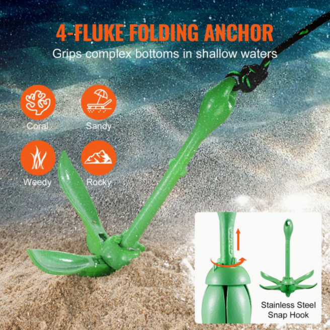 Folding Kayak Anchor Kit – 3.5 lb Anchor with 26 ft Rope & Storage Bag