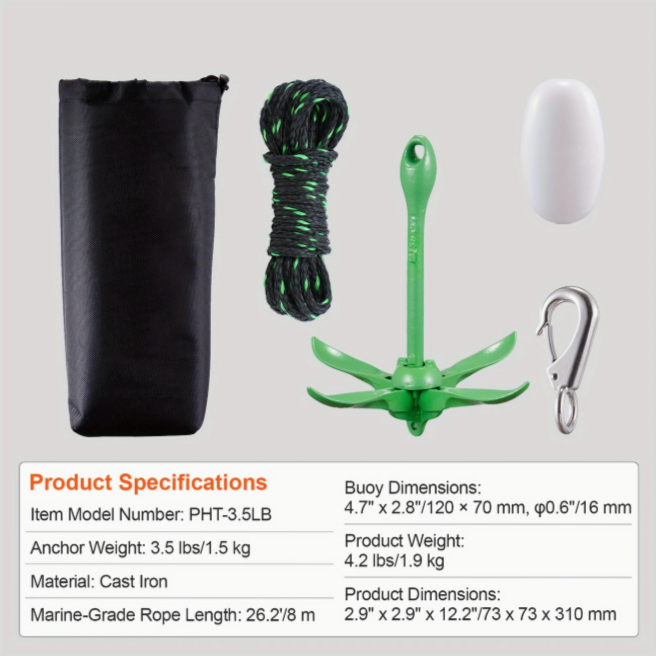 Folding Kayak Anchor Kit – 3.5 lb Anchor with 26 ft Rope & Storage Bag