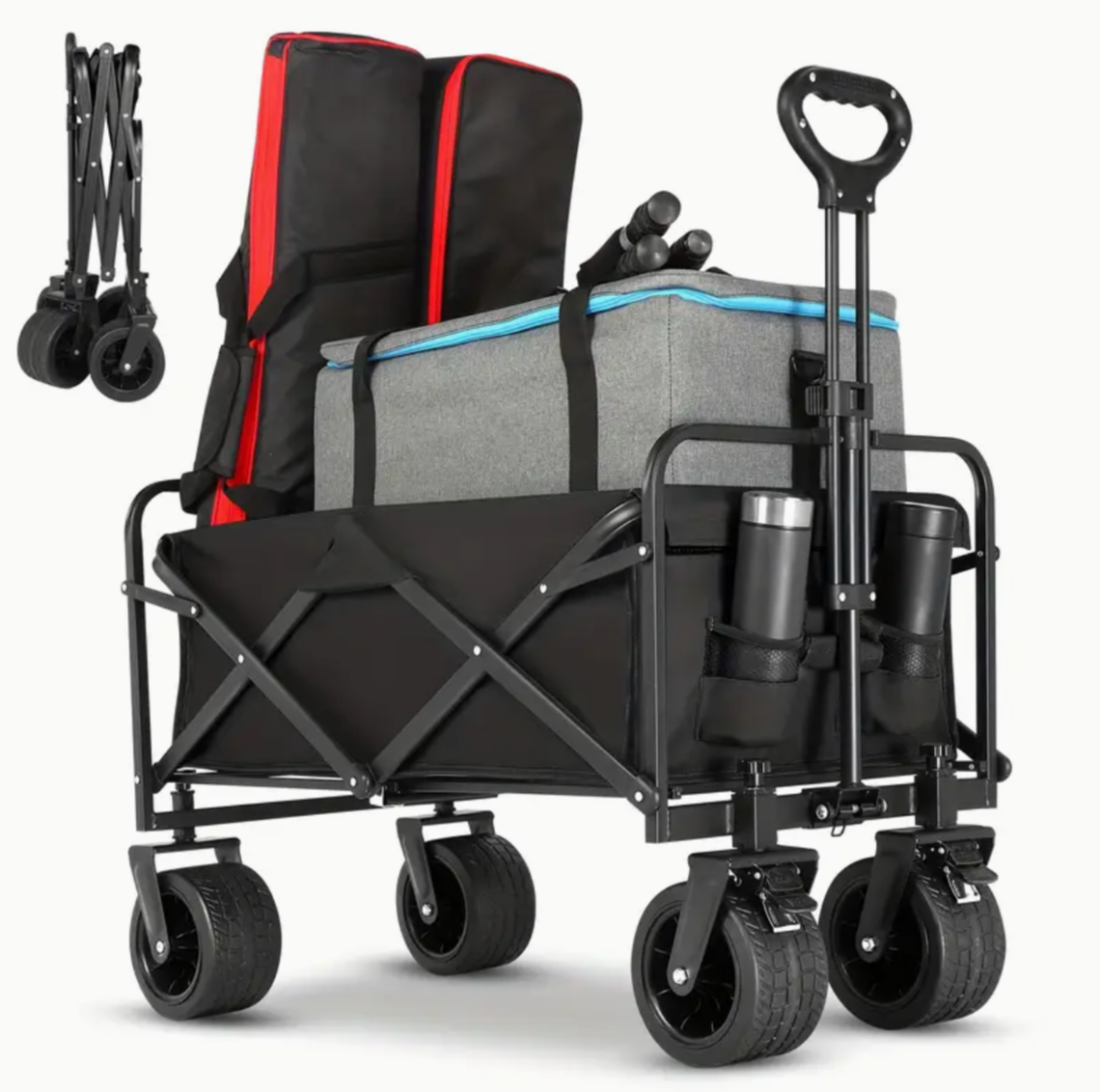 Collapsible Folding Wagon Cart, Large Capacity Outdoor Wagon Garden Cart with All-Terrain Wheels & Side Pockets, Heavy Duty Utility Cart