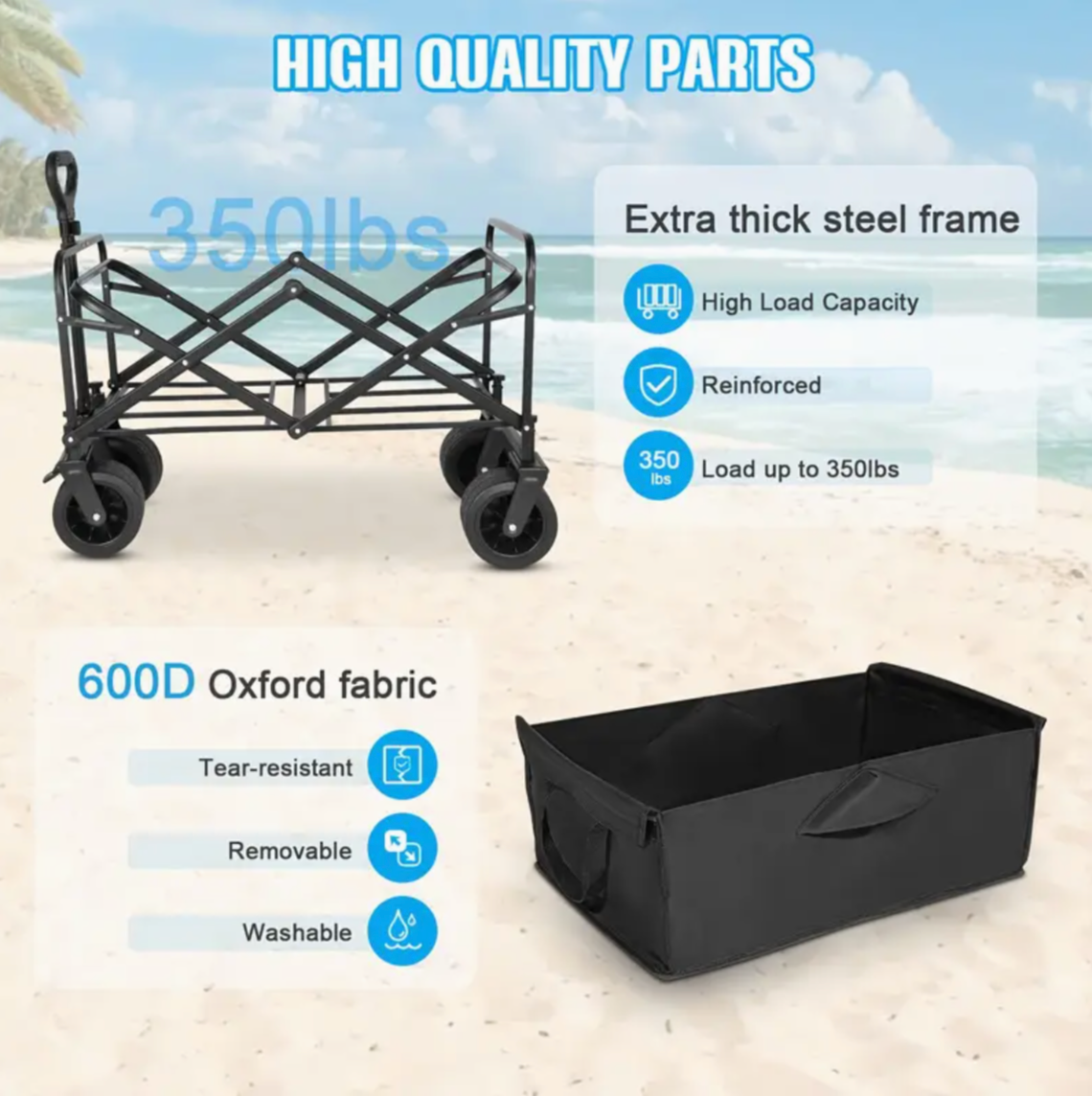 Collapsible Folding Wagon Cart, Large Capacity Outdoor Wagon Garden Cart with All-Terrain Wheels & Side Pockets, Heavy Duty Utility Cart