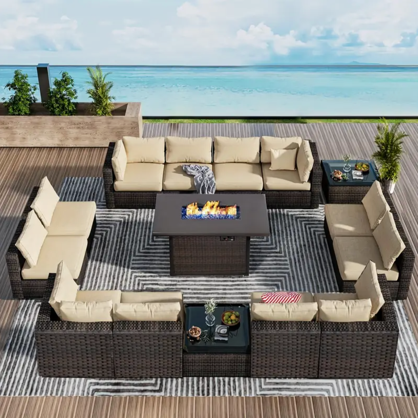 15 Pieces Patio Furniture Sectional Sofa 50000 BTU Propane Gas Fire Pit Table, Outdoor PE Rattan Patio Conversation Set with Glass Coffee Tables and Cushions for Garden, Poolside, Backyard