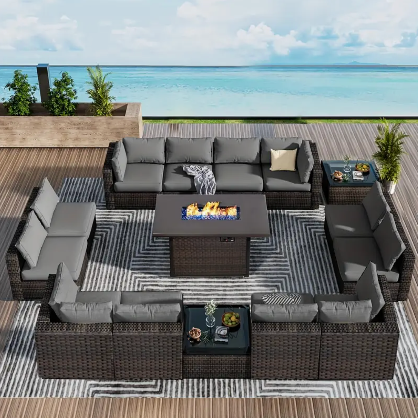 15 Pieces Patio Furniture Sectional Sofa 50000 BTU Propane Gas Fire Pit Table, Outdoor PE Rattan Patio Conversation Set with Glass Coffee Tables and Cushions for Garden, Poolside, Backyard